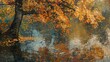 An impressionistic oil painting of a tree by the river, adorned with autumn flowers reflecting in the water.