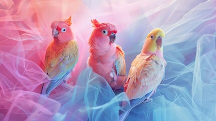 Wall Mural - Light elegant wallpaper made of pastel and blue tulle fabric with vibrant pastel parrots