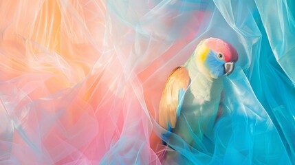 Wall Mural - Light elegant wallpaper made of pastel and blue tulle fabric with vibrant pastel parrots