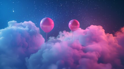 Wall Mural - Dreamlike balloons floating through smoke against a backdrop of a starry night sky.