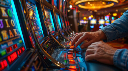 close-up of hands near slot machines. man near slot machines in casino