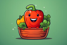 Cheerful Red Pepper Sitting In Basket Full Of Fresh, Green Vegetables ,soft Green Background