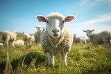 Fototapeta Londyn - Sheep on the grassland in Scotland, UK. Selective focus.