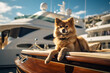dog lounging on polished wood of luxury yacht, basking in golden sunlight with opulent vessels in the background, embodying affluence and companionship