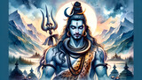 Fototapeta Sport - Watercolor painting illustration of lord shiva in meditation with a trident.