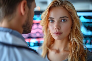 young woman gazes at a man with vibrant neon lights