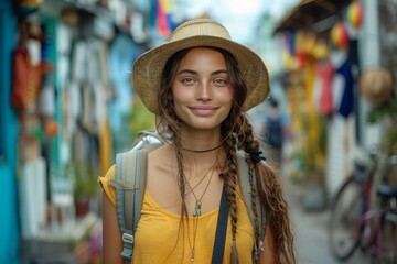 A smiling woman wearing a straw hat and a yellow top stands on a vibrant street full of decorations