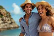 © Design Depot - Excited young couple with straw hats enjoys a day out at the beach