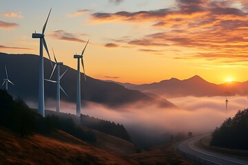 Wall Mural - wind turbines on a hillside at sunset. 3d rendering.