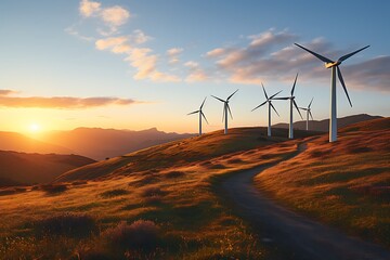 Wall Mural - wind turbines on a hillside at sunset. 3d rendering.