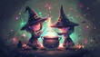 illustration of two cute cartoon witches