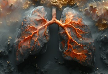 Unhealthy, sick lungs with poor air quality. Human lungs and bronchial cells in smoke