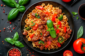 Poster - Udon noodles with beef meat, vegetables, onions and sesame seeds. Asian food, vegetables in bowl.