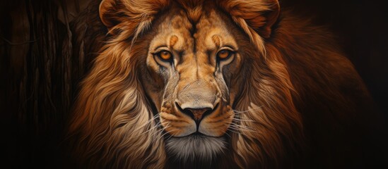 Wall Mural - A stunning closeup of a Masai lions face against a black background, showcasing its whiskers, majestic fur, and powerful carnivorous features as a member of the Felidae family of big cats