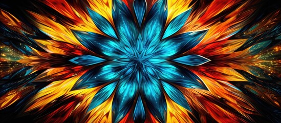 Poster - A plantinspired kaleidoscope with an azure flower at its center, showcasing the beauty of symmetry and patterns in creative arts. The textile design features magenta and electric blue hues