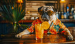 Relaxed pug in sunglasses and a Hawaiian shirt sitting at a bar with a tropical drink. This whimsical scene captures a fun and carefree summer vibe