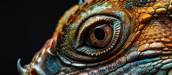 Poster - A close up of a terrestrial animals eye, a scaled reptile, showcasing an electric blue color and intricate pattern. This macro photography captures the wildlife beauty on a black background