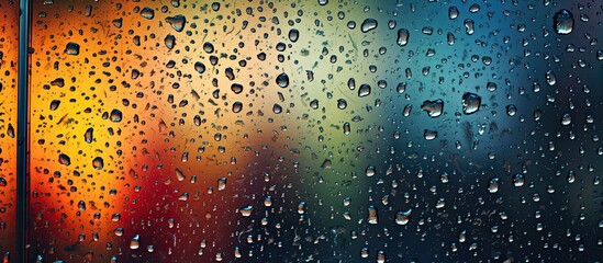 Wall Mural - Liquid water droplets create a captivating pattern on a window, set against a colorful background of electric blue. The closeup shot captures the beauty of natures art