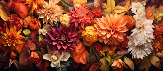 Poster - A bouquet of colorful flowers, including annual and terrestrial plants, with vibrant petals, arranged on a table as cut flowers for display