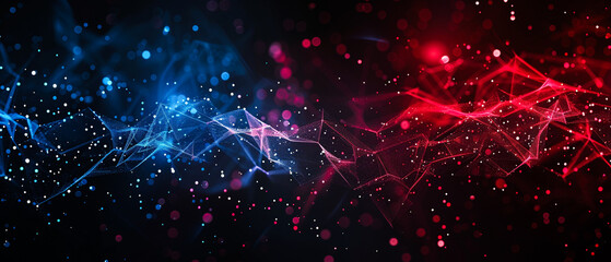 Wall Mural - Elevate your designs with this abstract ultra-wide blue-red neon purple gradient background, featuring glowing particles and lines in space. Ideal for various projects, boasting exclusive quality