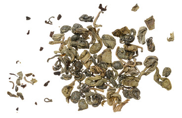 Wall Mural - Rolled dry green tea leaves on isolated background, top view