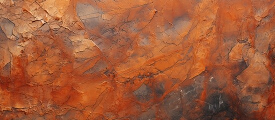 Canvas Print - A close up of a rusty wall with a marble texture resembling an art piece with patterns of amber and orange, surrounded by peach tree twigs and grass under a sunny sky