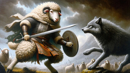 The sheep strikes back: Illustration of brave sheep warrior fighting against gray wolf and defending the flock. Oil painting style with canvas texture. Beautiful artistic image for poster, wallpaper