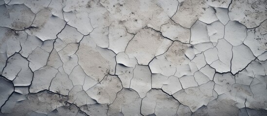 Sticker - A detailed shot of a cracked grey concrete wall, showcasing a unique pattern in the building material. Monochrome photography captures the texture and depth of the composite material