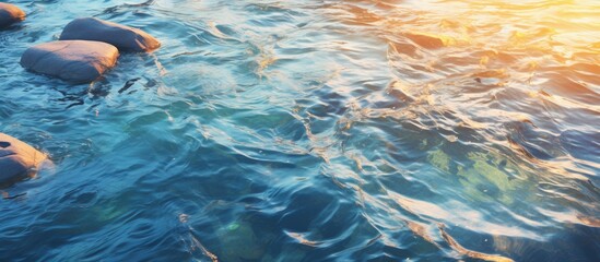 Wall Mural - A cluster of rocks gracefully bobbing on the azure liquid surface, kissed by the wind and embraced by the natural beauty of the aqua landscape