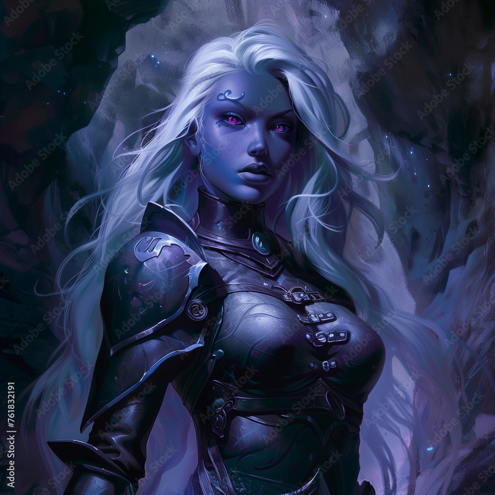 Portrait of a female drow with purple grey skin silver hair and purple ...