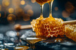 Golden Honey Dripping from Dipper, Glistening Comb, Artisanal Sweetness, banner with copy space