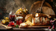 still life with fruit, bread and cheese