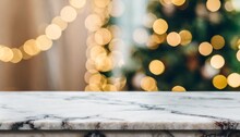 Christmas Background Of Marble Table Top With Abstract Warm Living Room Decor With Christmas Tree String Light Blur Bokeh With Snow Holiday Backdrop Panoramic Mock Up Banner For Display Of Product
