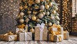 christmas tree decorated with golden and silver ornament balls and garland wrapped gift boxes cozy homely festive atmosphere family celebration holiday interior