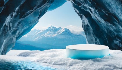 Wall Mural - ice background podium cold winter snow product platform floor frozen mountain iceberg podium glacier cool ice background stage landscape display icy stand 3d water nature pedestal arctic concept cave