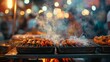Vibrant night market scene with a close-up view of skewered meats being grilled, accompanied by thick smoke and bokeh lighting in the background.