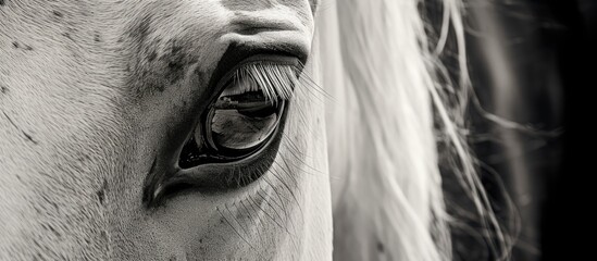 Sticker - A closeup of a horses eye in a black and white photo showcasing its beautiful eyelashes, wrinkled brow, and grey iris, highlighting the majesty of this working animal