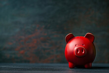 Red Piggy Bank On Dark Rustic Background With Copyspace