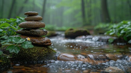 Wall Mural - Stack of stones by a stream in misty forest