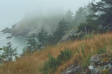 Wall Mural - coastal rainy landscape, foggy morning on a steep bank, blurred background