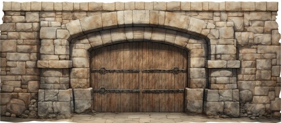 Wall Mural - A stone wall with a wooden door in the center, surrounded by meticulously crafted brickwork. The rectangular fixture creates a sense of symmetry, accentuated by the font of the arch above the door