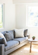 © Rachel Weill - A simple grey couch in a light filled living room