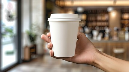 Hand holding take away blank paper coffee cup mock up isolated on blurred cafe background, close up