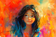 Portrait of an adorable lovely girl fantasy cartoon personage isolated on vibrant painting background.