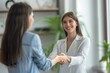 © Ace64 Studio - young business people meeting office teamwork celebrating success corporate shaking hands high five introducing welcoming colleague