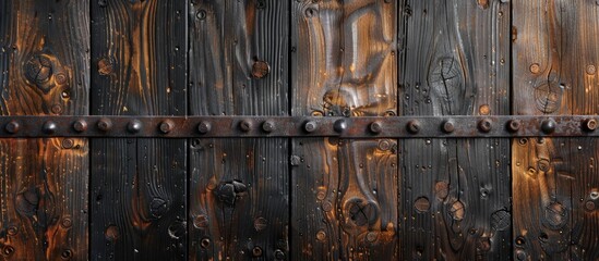 Wall Mural - A detailed closeup of a hardwood door adorned with metal nails, creating an artistic pattern on the facade. The intricate design is like a sculpture in wood