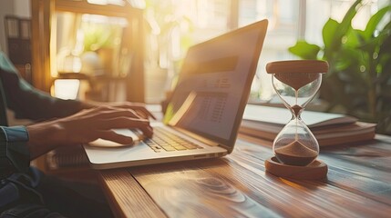 work deadline. hourglass on table in front of business man using laptop at home, concept of time management