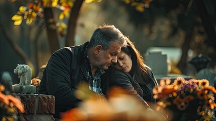 Wall Mural - Sad. funeral support and people care for grief mourning lost one's Husband trying to comfort his wife due to her loss