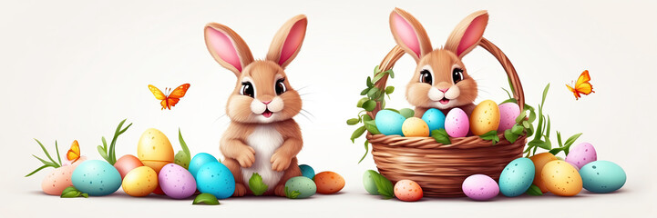 Wall Mural - A cute Easter bunny with a basket of eggs and spring flowers is an illustration of a children character on a white background, a traditional holiday card. 