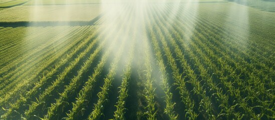 Wall Mural - A picturesque aerial view of a field of terrestrial plants being watered by a sprinkler, creating a beautiful symmetrical pattern in the landscape